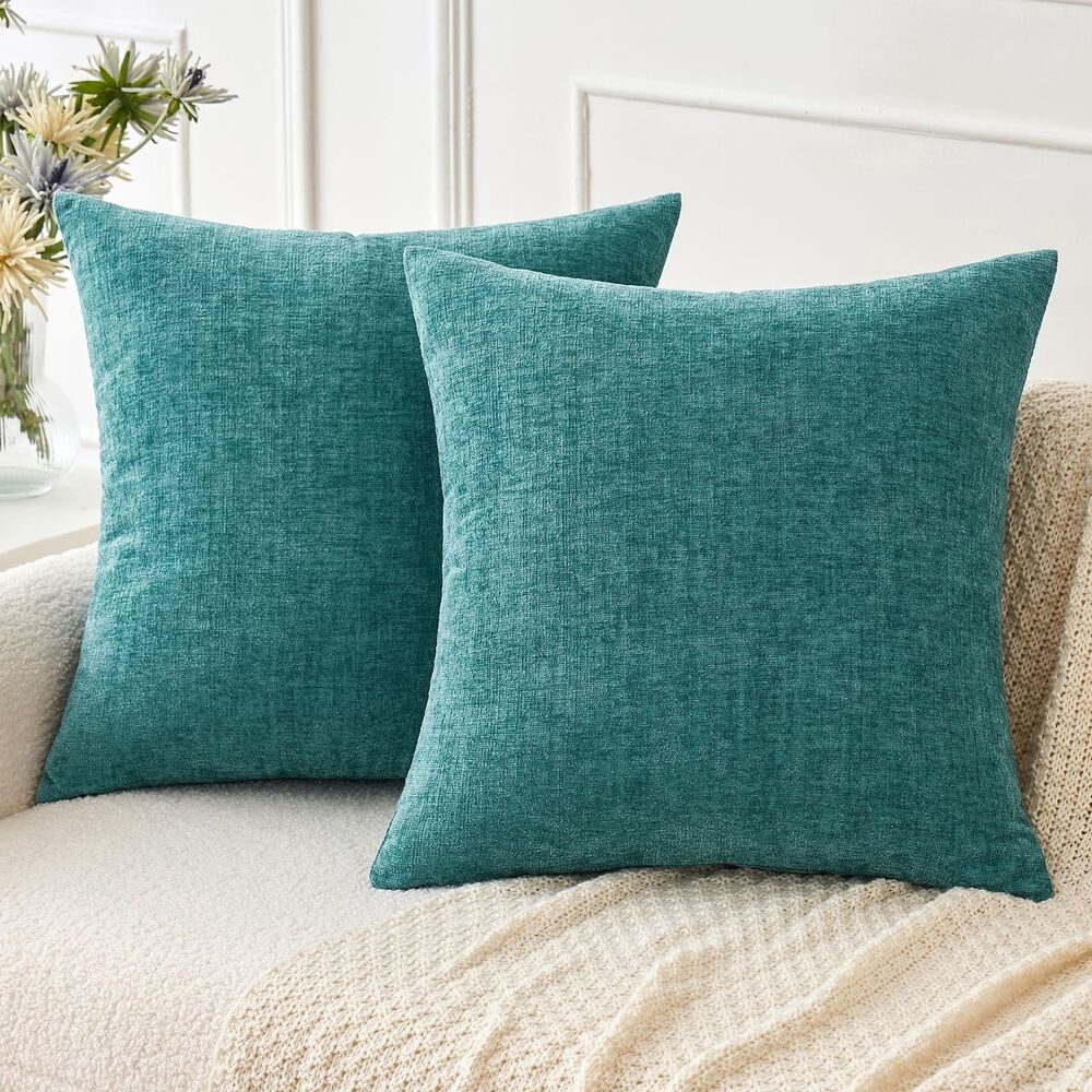 Soft Teal Throw Pillow Covers 18x18 Inch Soft Chenille (2 Pack)